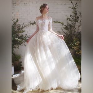 White Tulle Wedding Dress, mid length sleeves, boat neck